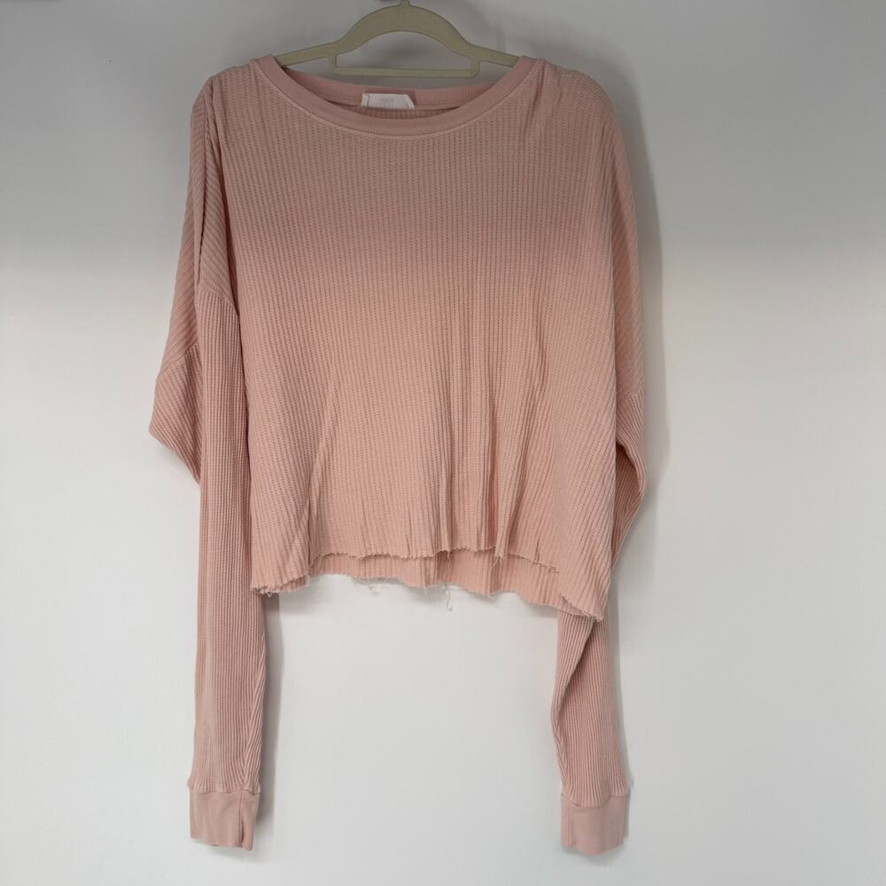 Talulah Waffle Knit Cropped Thermal Top Womens L Pink Raw Hem Boxy Pullover Boho